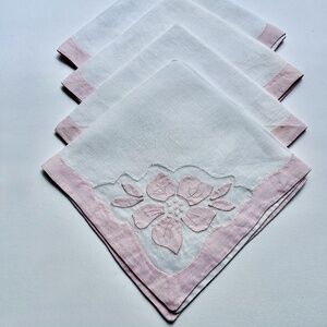 Set of 4 Madeira White Linen, Organza & Pink Cotton Floral Cocktail Napkins